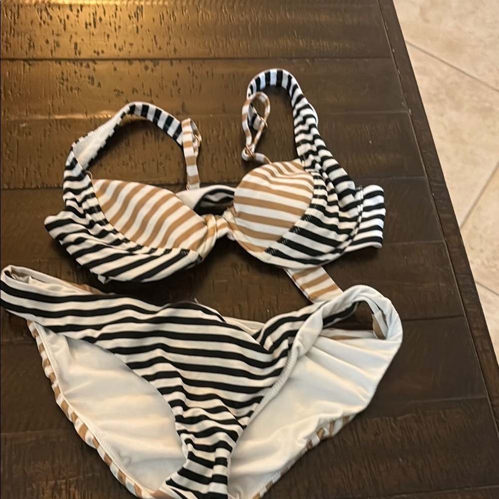 Striped Bikini Set in Black, White, and Tan